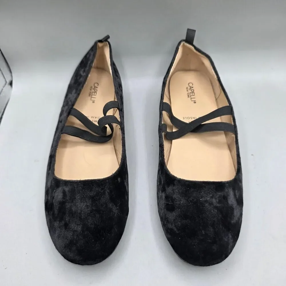 Capelli NY Black Velvet Mary Jane Ballet Flats Elastic Strap Girls Sz 4 / EU 36